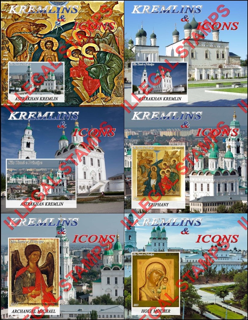 Saint Thomas and Prince Islands 2015 Russian Kremlins and Icons Illegal Stamp Souvenir Sheets of 1