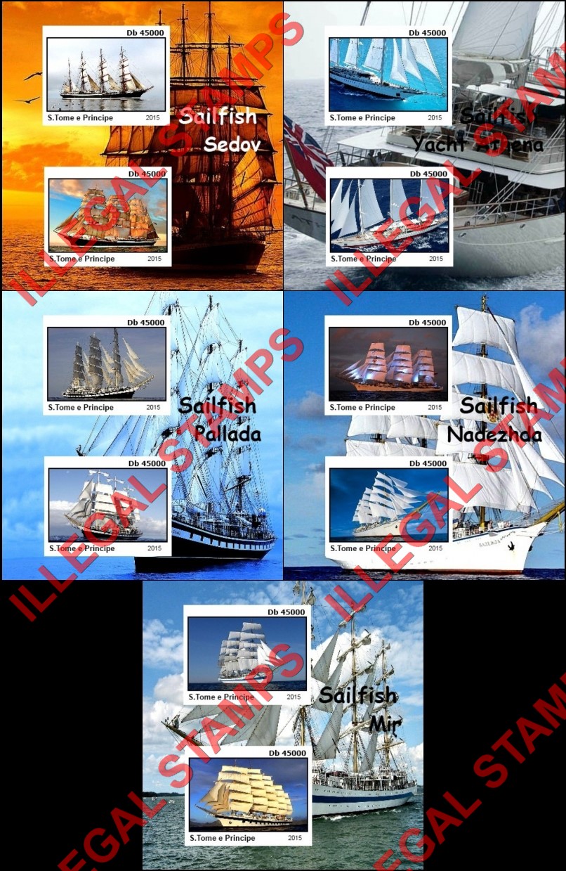 Saint Thomas and Prince Islands 2015 Sailing Ships Sailfish Illegal Stamp Souvenir Sheets of 2 (Part 1)
