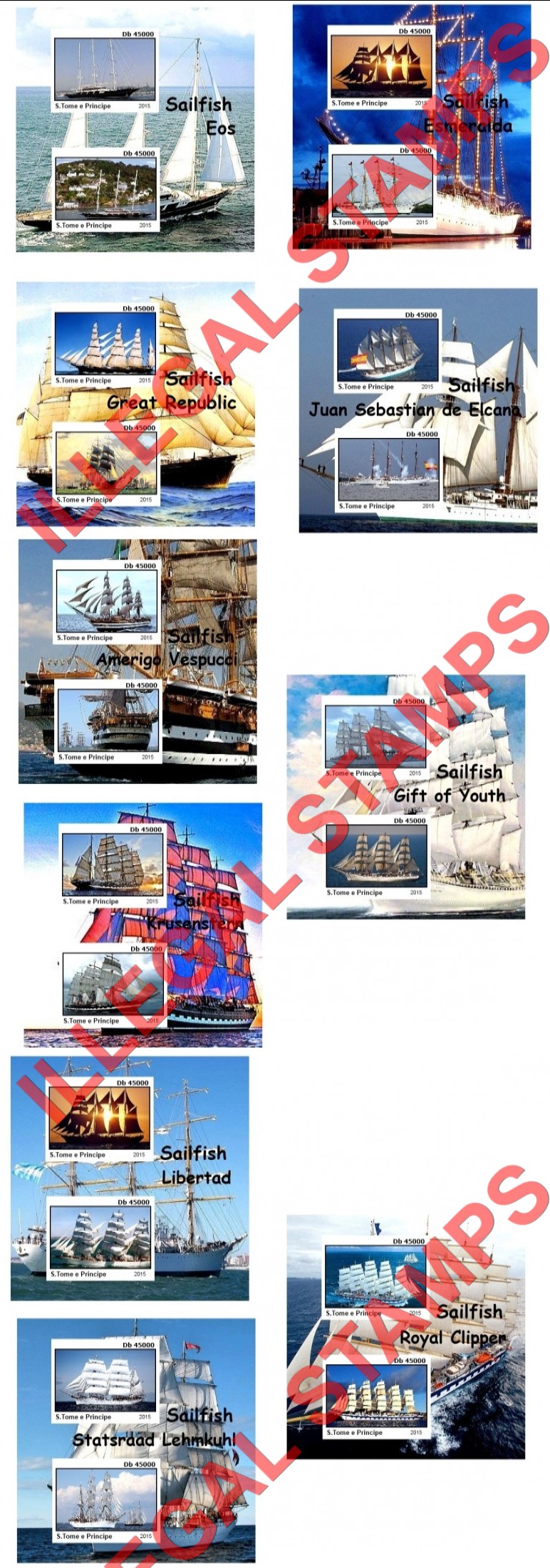 Saint Thomas and Prince Islands 2015 Sailing Ships Sailfish Illegal Stamp Souvenir Sheets of 2 (Part 2)