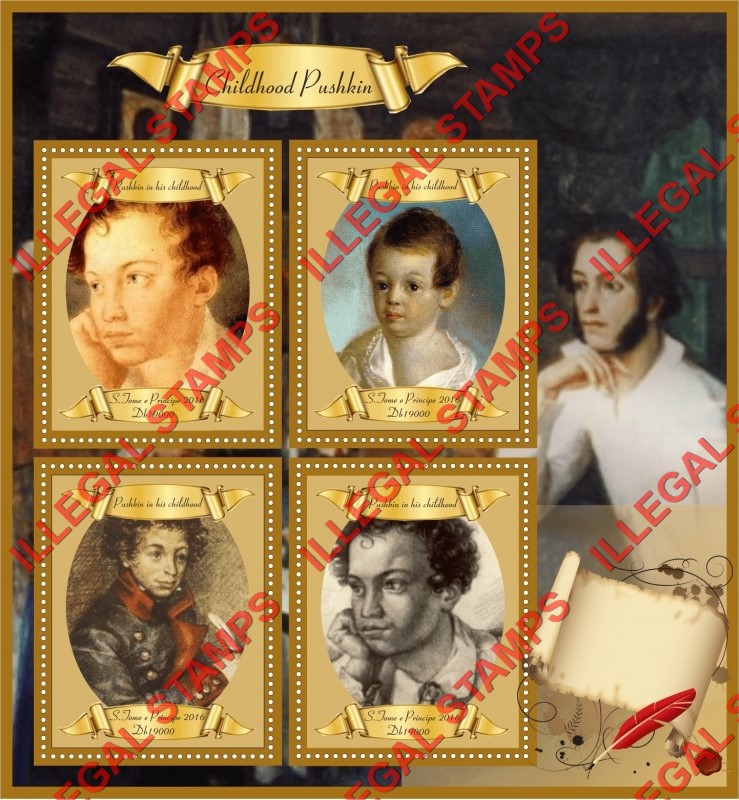 Saint Thomas and Prince Islands 2016 Alexander Pushkin Childhood Illegal Stamp Souvenir Sheet of 4