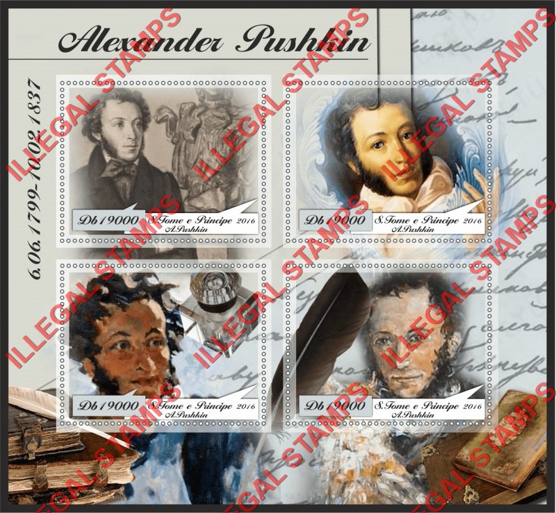 Saint Thomas and Prince Islands 2016 Alexander Pushkin Illegal Stamp Souvenir Sheet of 4