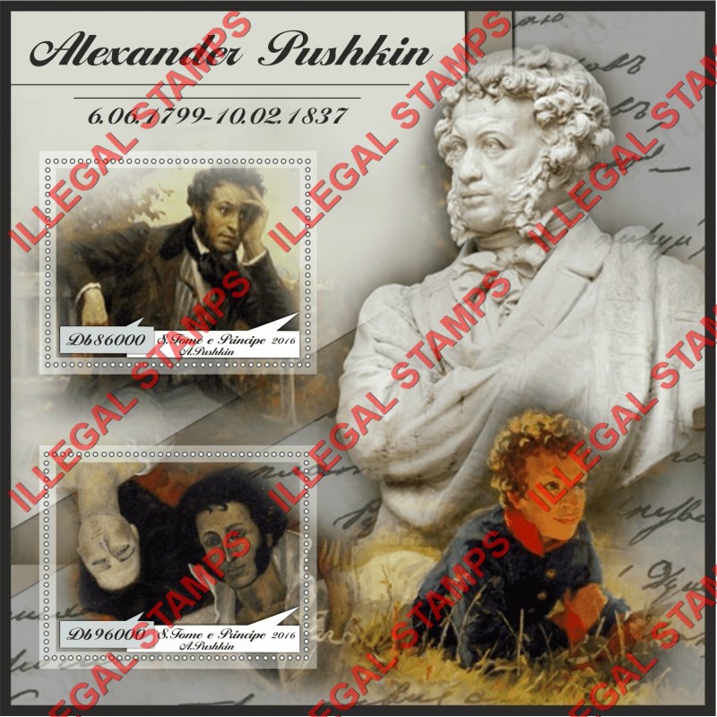Saint Thomas and Prince Islands 2016 Alexander Pushkin Illegal Stamp Souvenir Sheet of 2