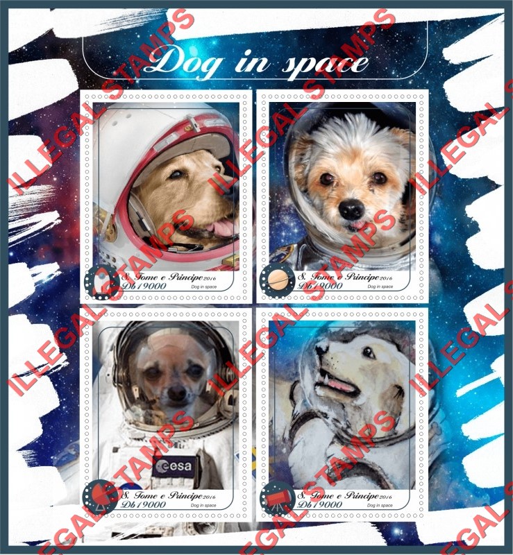 Saint Thomas and Prince Islands 2016 Dogs in Space Illegal Stamp Souvenir Sheet of 4
