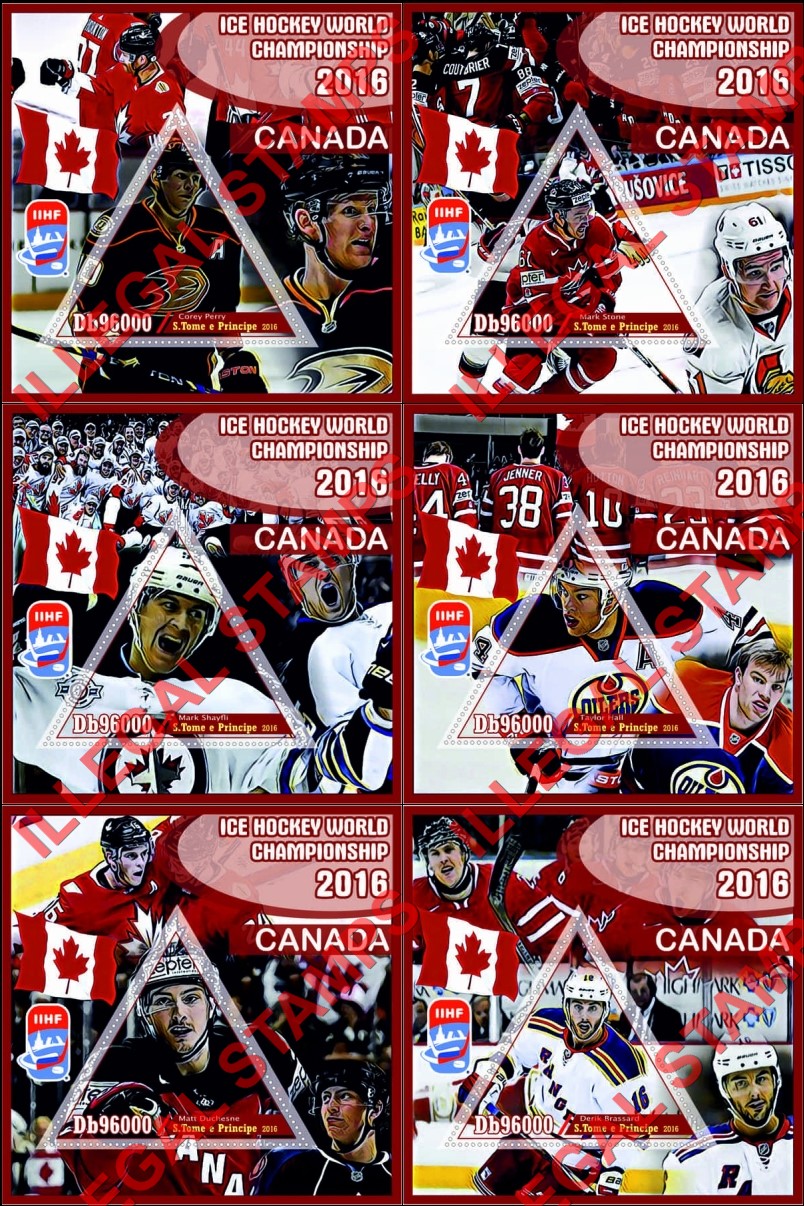 Saint Thomas and Prince Islands 2016 Ice Hockey World Championship Canada Illegal Stamp Souvenir Sheets of 1