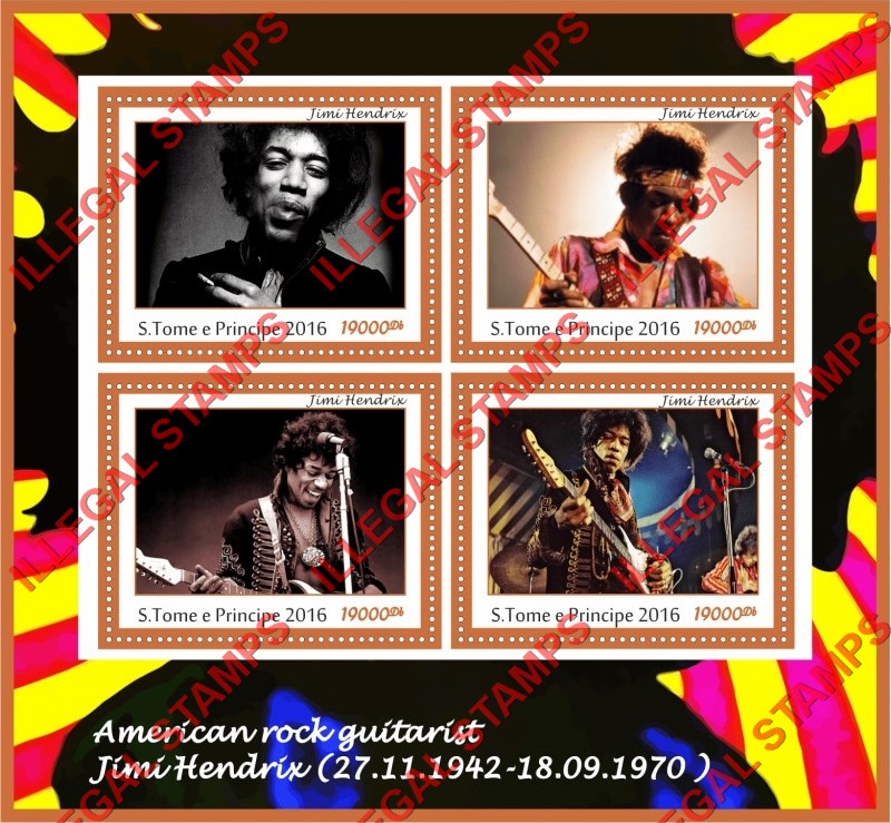 Saint Thomas and Prince Islands 2016 Jimi Hendrix Illegal Stamp Souvenir Sheet of 4