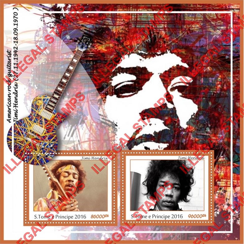 Saint Thomas and Prince Islands 2016 Jimi Hendrix Illegal Stamp Souvenir Sheet of 2