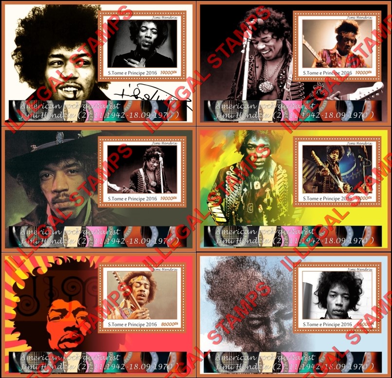 Saint Thomas and Prince Islands 2016 Jimi Hendrix Illegal Stamp Souvenir Sheets of 1