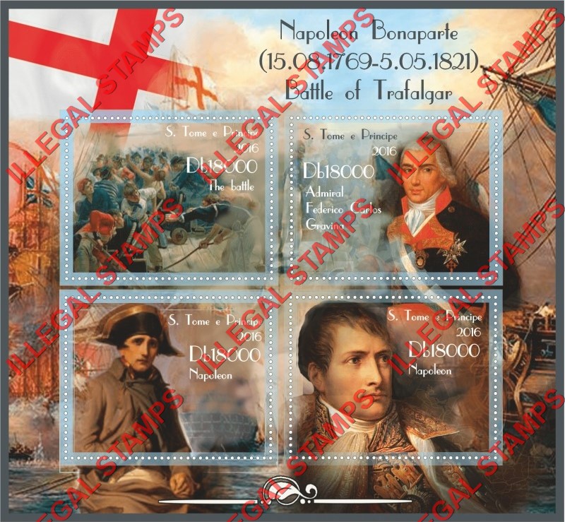 Saint Thomas and Prince Islands 2016 Napoleon Bonaparte The Battle of Trafalgar Illegal Stamp Souvenir Sheet of 4