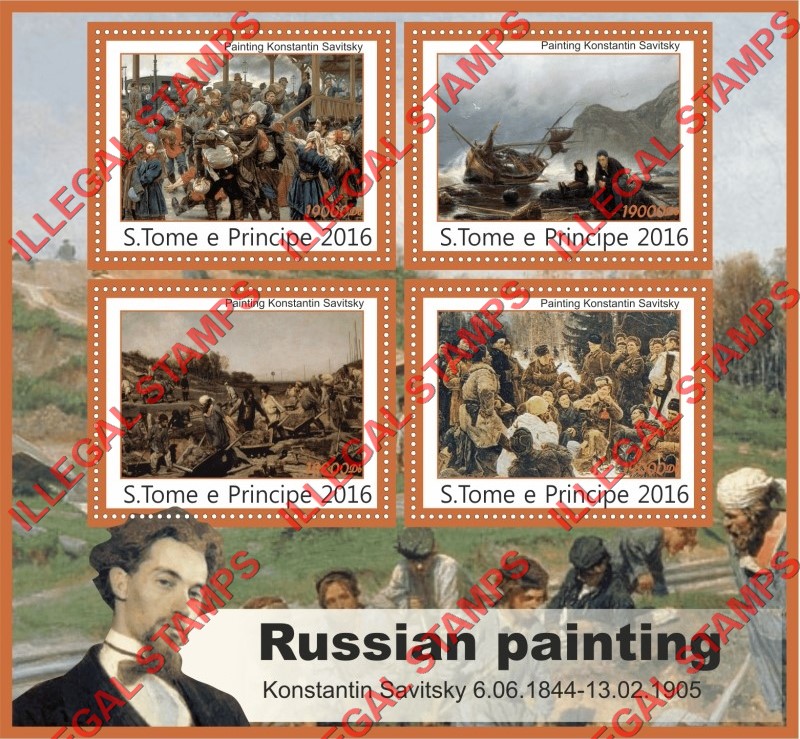 Saint Thomas and Prince Islands 2016 Paintings by Konstantin Savitsky Illegal Stamp Souvenir Sheet of 4