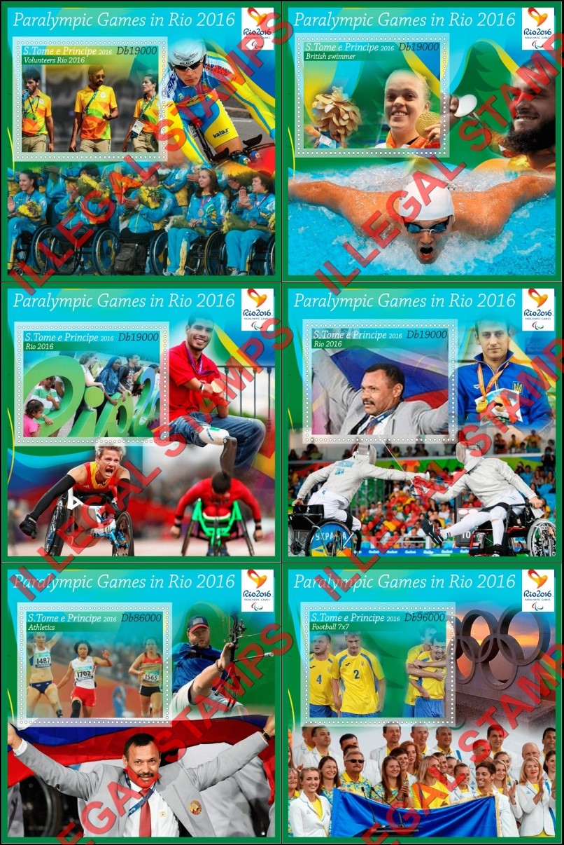 Saint Thomas and Prince Islands 2016 Paralympic Games in Rio Illegal Stamp Souvenir Sheets of 1