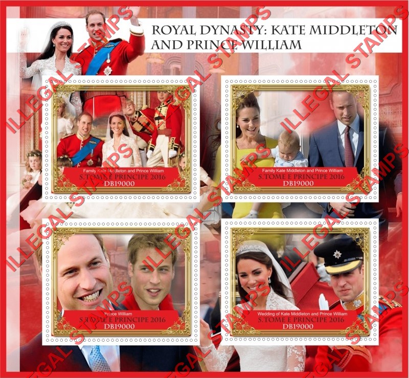 Saint Thomas and Prince Islands 2016 Prince William and Kate Middleton Illegal Stamp Souvenir Sheet of 4