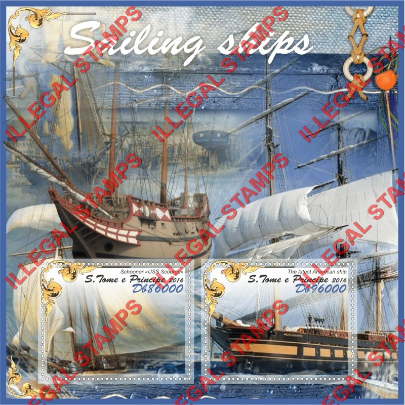 Saint Thomas and Prince Islands 2016 Sailing Ships Illegal Stamp Souvenir Sheet of 2