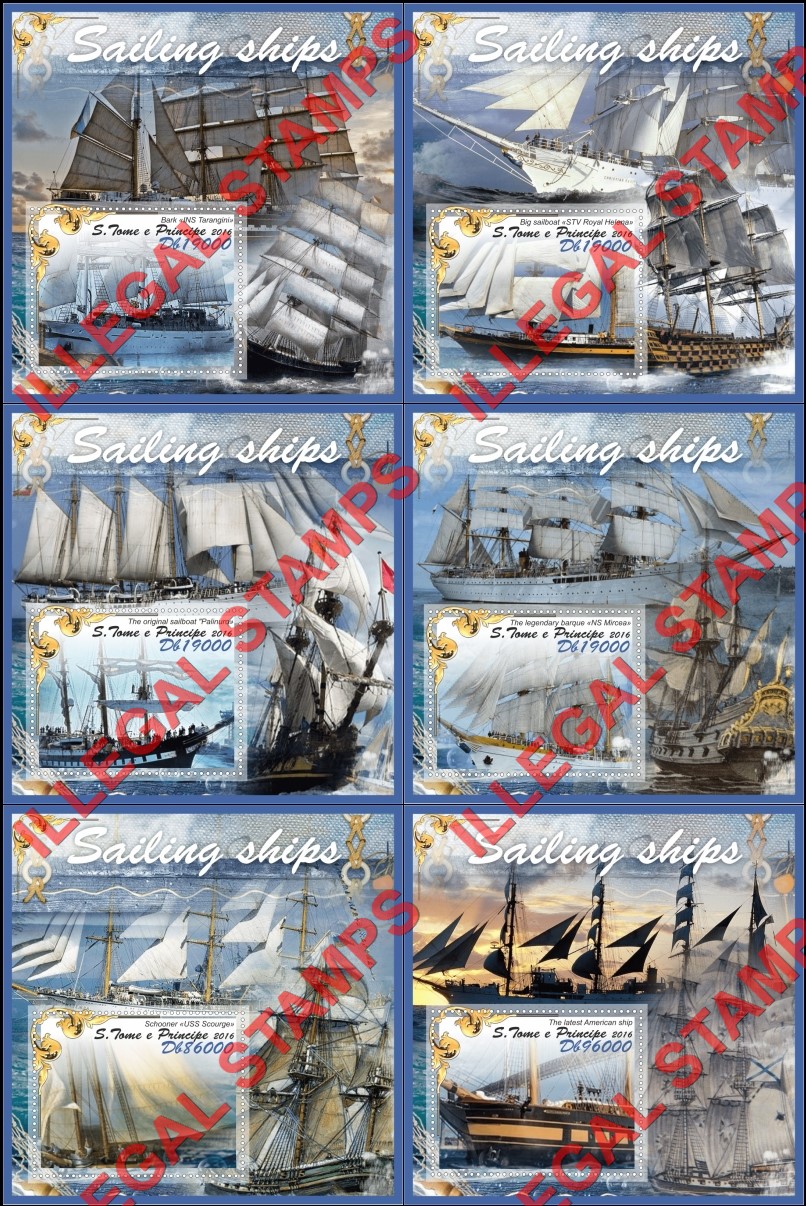 Saint Thomas and Prince Islands 2016 Sailing Ships Illegal Stamp Souvenir Sheets of 1