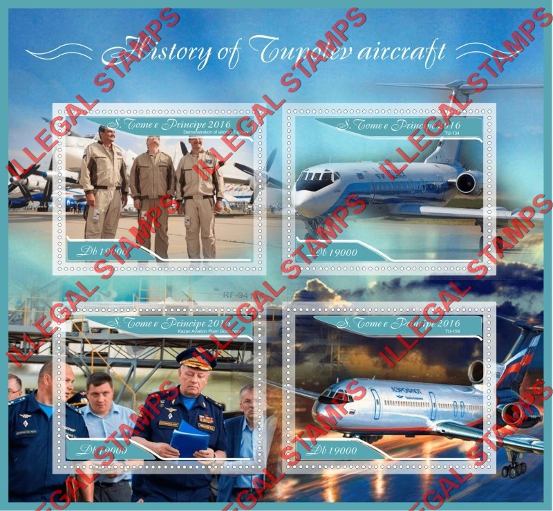 Saint Thomas and Prince Islands 2016 Tupolev Aircraft History Illegal Stamp Souvenir Sheet of 4
