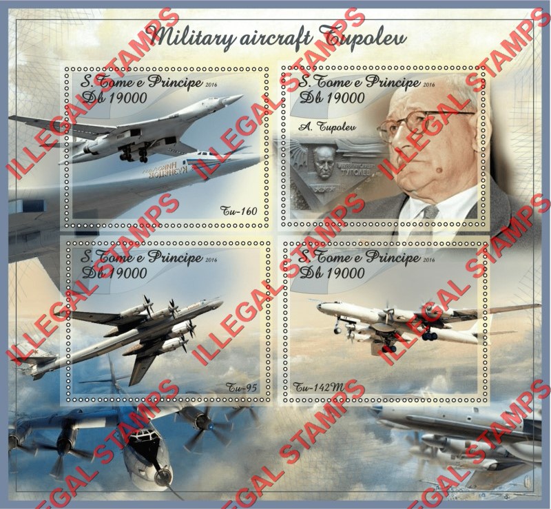 Saint Thomas and Prince Islands 2016 Tupolev Aircraft Military Illegal Stamp Souvenir Sheet of 4