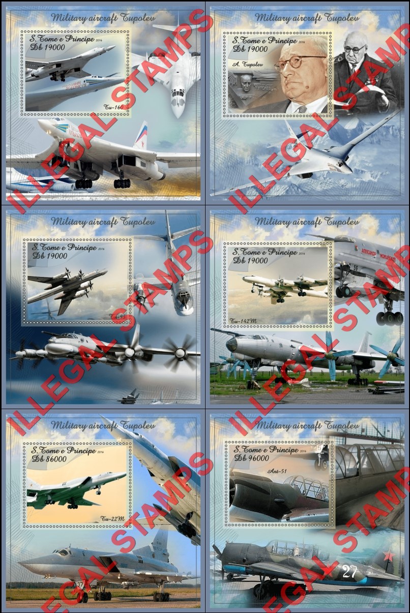 Saint Thomas and Prince Islands 2016 Tupolev Aircraft Military Illegal Stamp Souvenir Sheets of 1