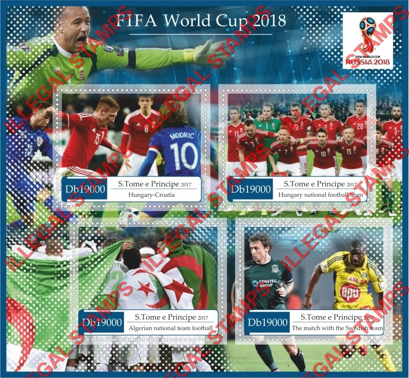 Saint Thomas and Prince Islands 2017 FIFA World Cup Soccer in Russia in 2018 Illegal Stamp Souvenir Sheet of 4
