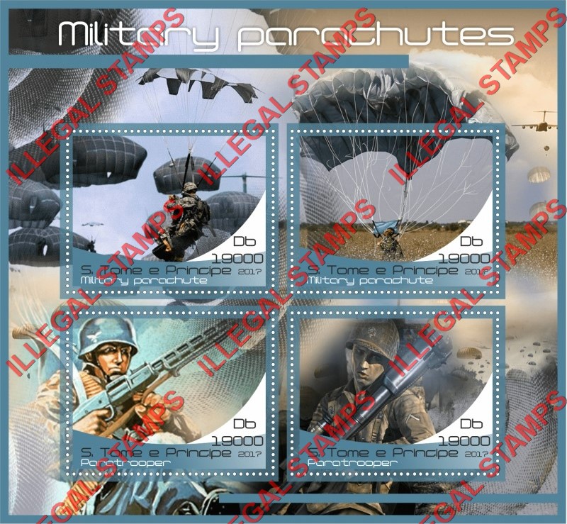 Saint Thomas and Prince Islands 2017 Military Parachutes Paratroopers Illegal Stamp Souvenir Sheet of 4