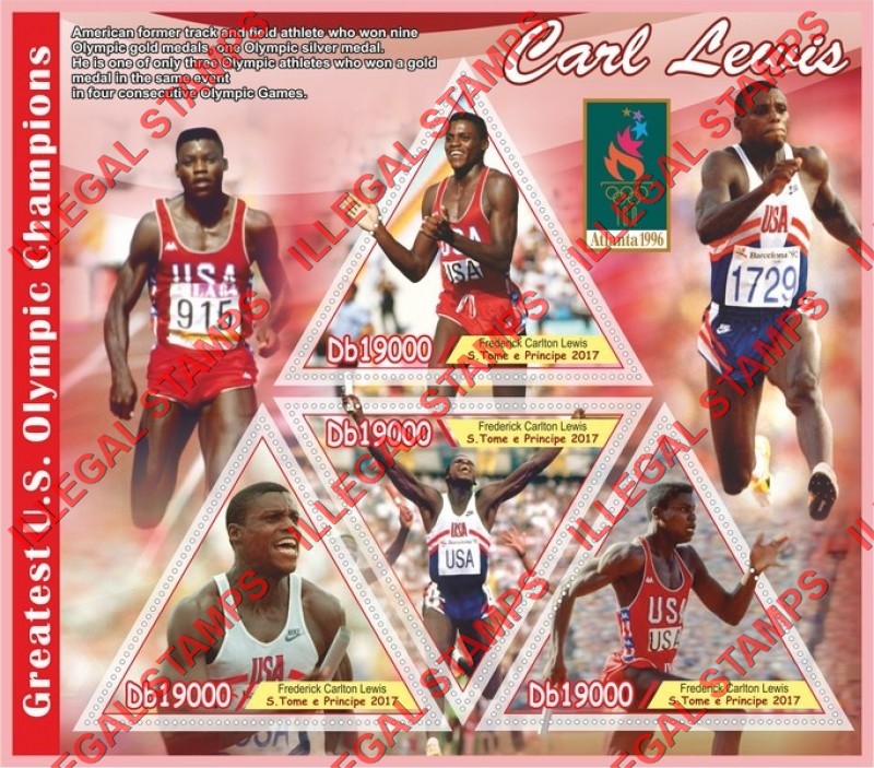 Saint Thomas and Prince Islands 2017 Olympic Champions Carl Lewis Illegal Stamp Souvenir Sheet of 4