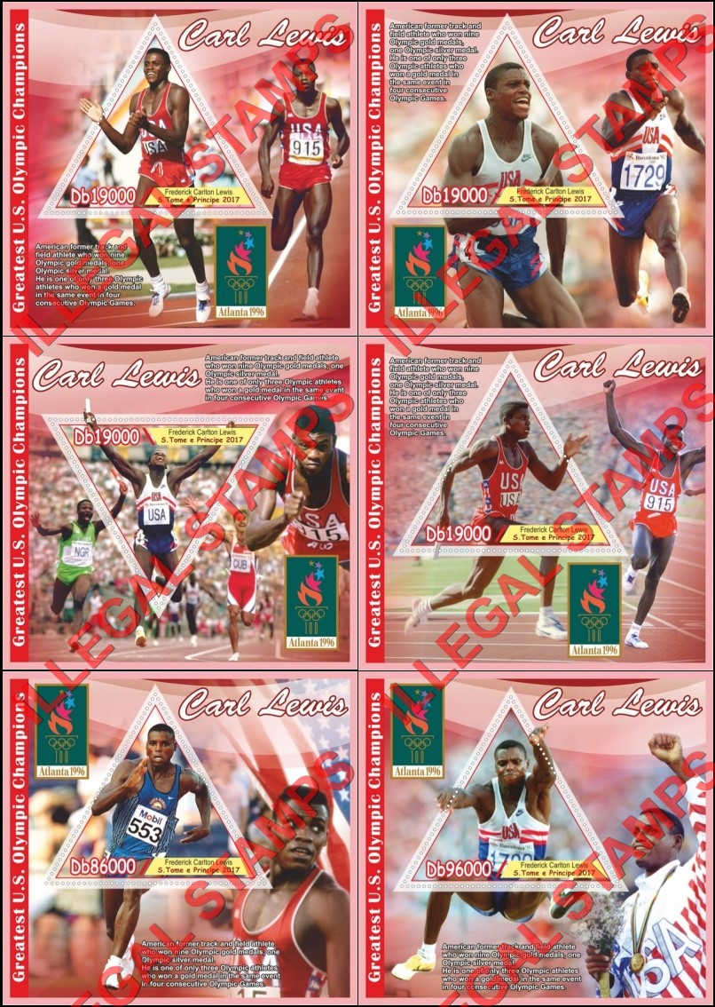 Saint Thomas and Prince Islands 2017 Olympic Champions Carl Lewis Illegal Stamp Souvenir Sheets of 1