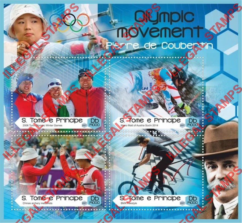 Saint Thomas and Prince Islands 2017 Olympic Movement Pierre de Coubertin Illegal Stamp Souvenir Sheet of 4