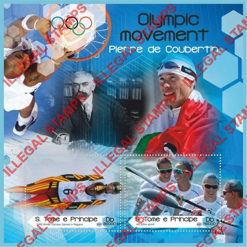 Saint Thomas and Prince Islands 2017 Olympic Movement Pierre de Coubertin Illegal Stamp Souvenir Sheet of 2