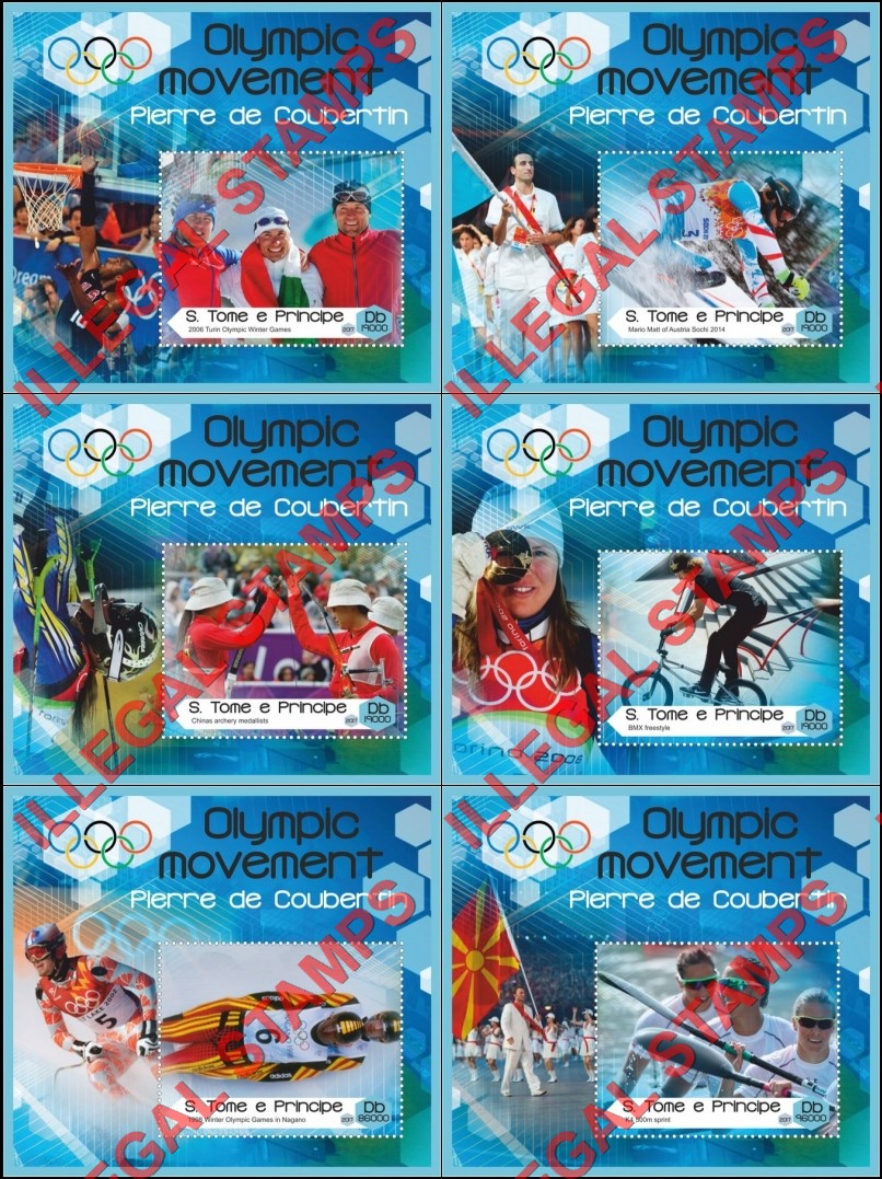 Saint Thomas and Prince Islands 2017 Olympic Movement Pierre de Coubertin Illegal Stamp Souvenir Sheets of 1