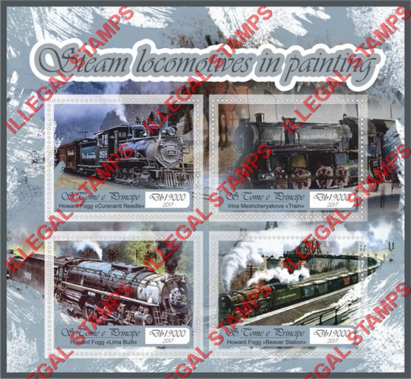 Saint Thomas and Prince Islands 2017 Steam Locomotives in Paintings Illegal Stamp Souvenir Sheet of 4