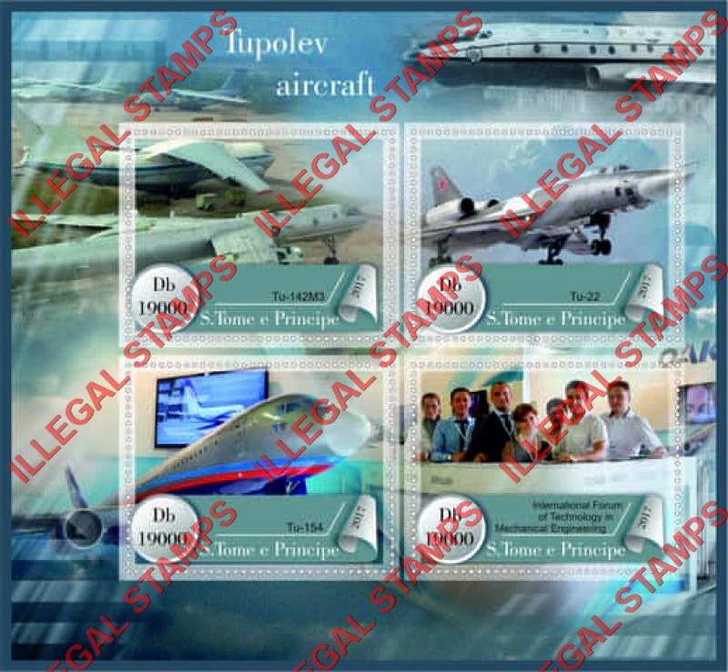 Saint Thomas and Prince Islands 2017 Tupolev Aircraft Illegal Stamp Souvenir Sheet of 4