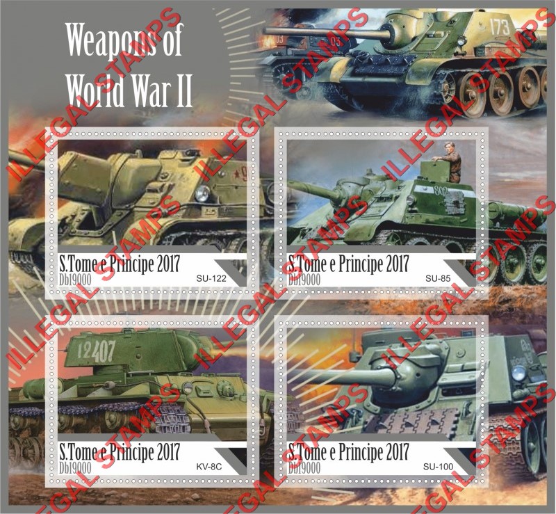 Saint Thomas and Prince Islands 2017 Weapons of World War II Tanks Illegal Stamp Souvenir Sheet of 4