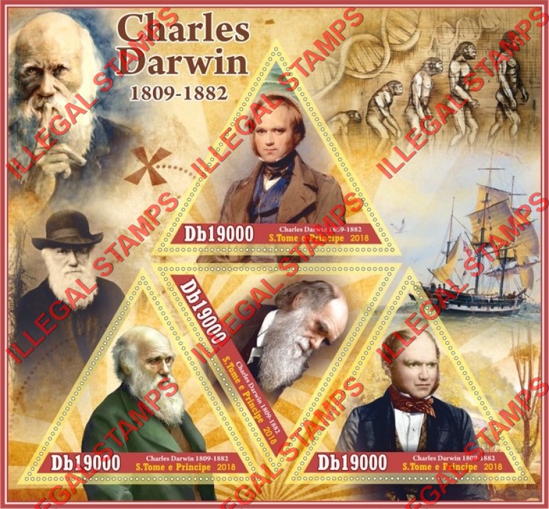 Saint Thomas and Prince Islands 2018 Charles Darwin Illegal Stamp Souvenir Sheet of 4