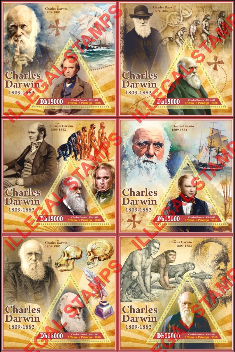 Saint Thomas and Prince Islands 2018 Charles Darwin Illegal Stamp Souvenir Sheets of 1