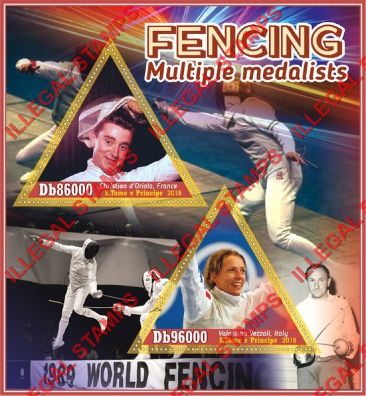 Saint Thomas and Prince Islands 2018 Fencing Multiple Medalists Illegal Stamp Souvenir Sheet of 2