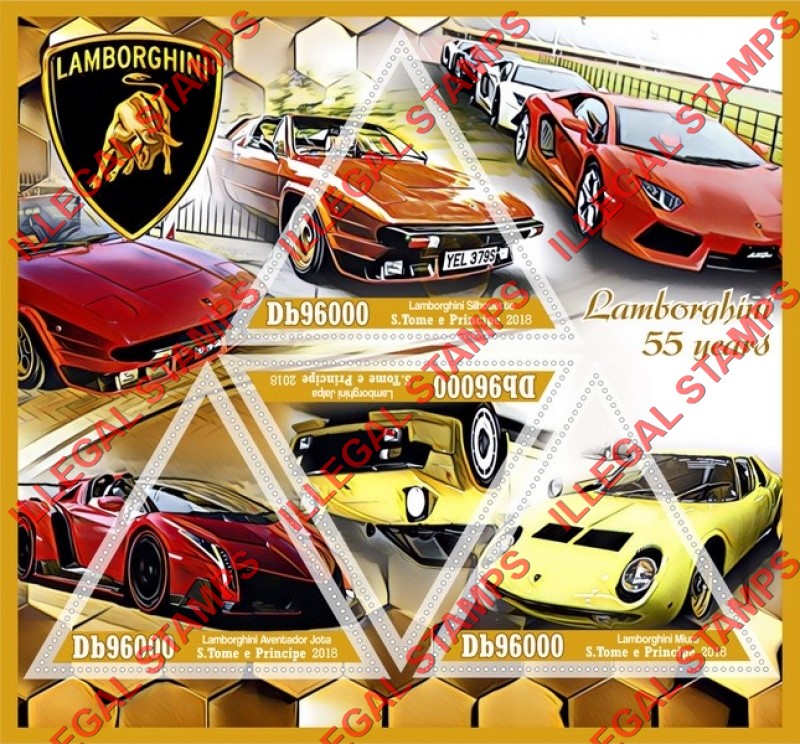 Saint Thomas and Prince Islands 2018 Lamborghini Illegal Stamp Souvenir Sheet of 4