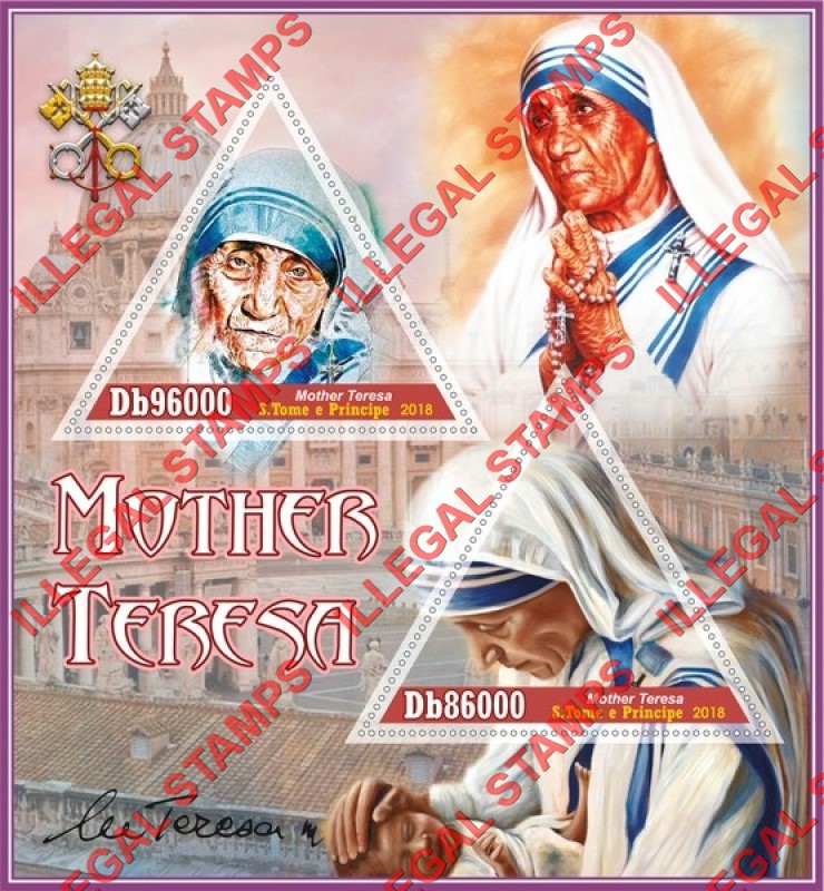 Saint Thomas and Prince Islands 2018 Mother Teresa Illegal Stamp Souvenir Sheet of 2