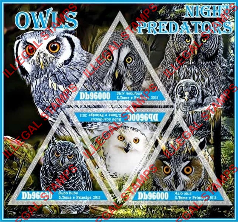 Saint Thomas and Prince Islands 2018 Owls Illegal Stamp Souvenir Sheet of 4