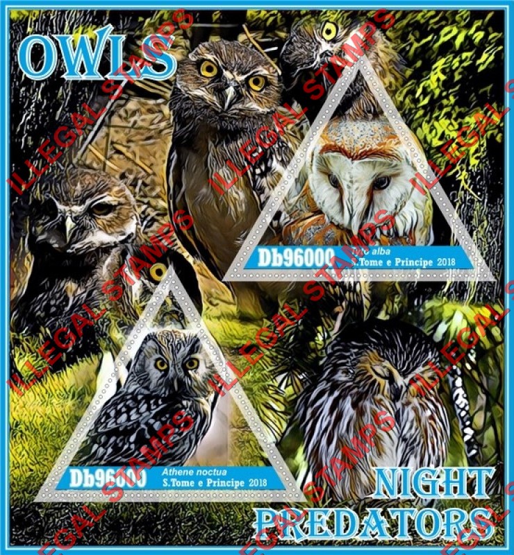 Saint Thomas and Prince Islands 2018 Owls Illegal Stamp Souvenir Sheet of 2