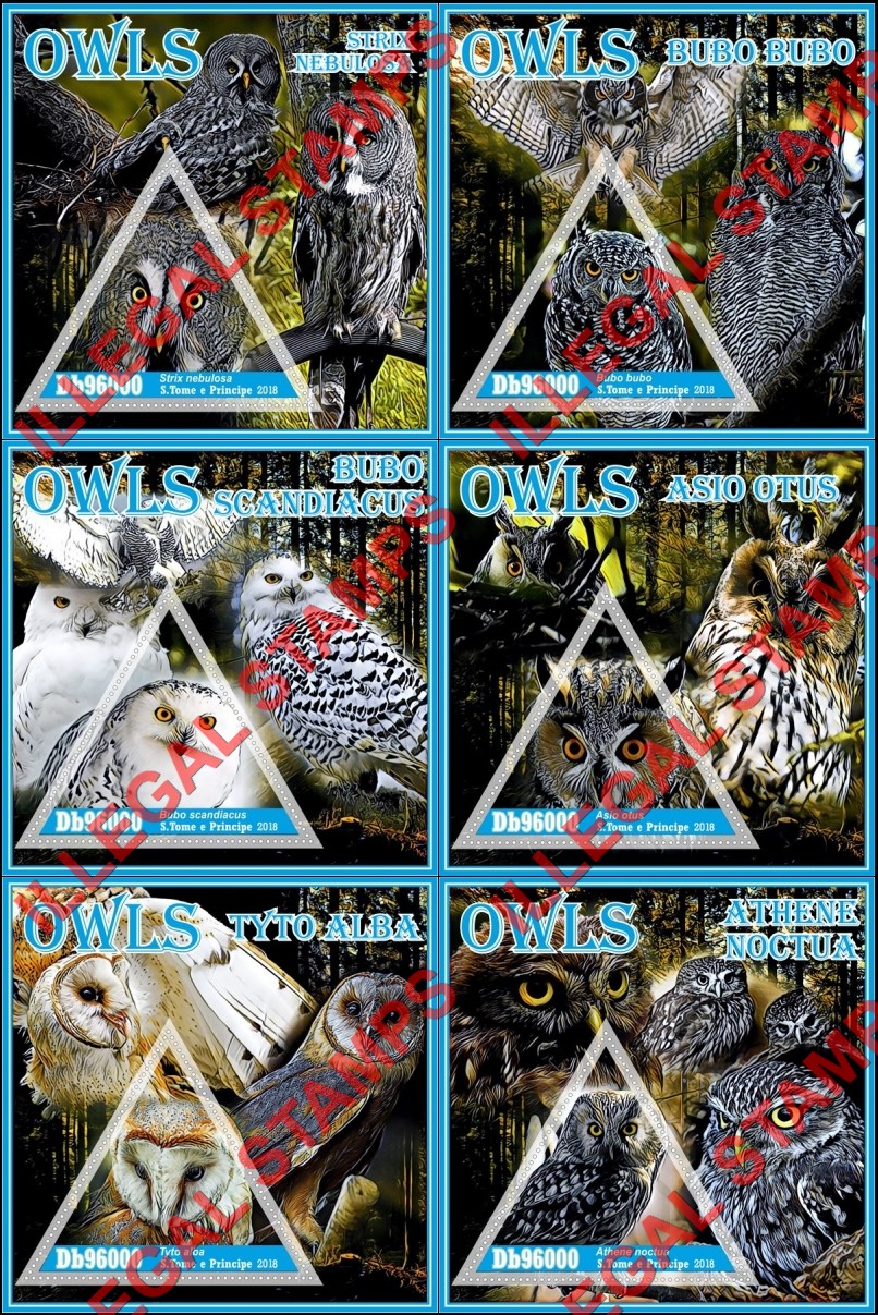Saint Thomas and Prince Islands 2018 Owls Illegal Stamp Souvenir Sheets of 1