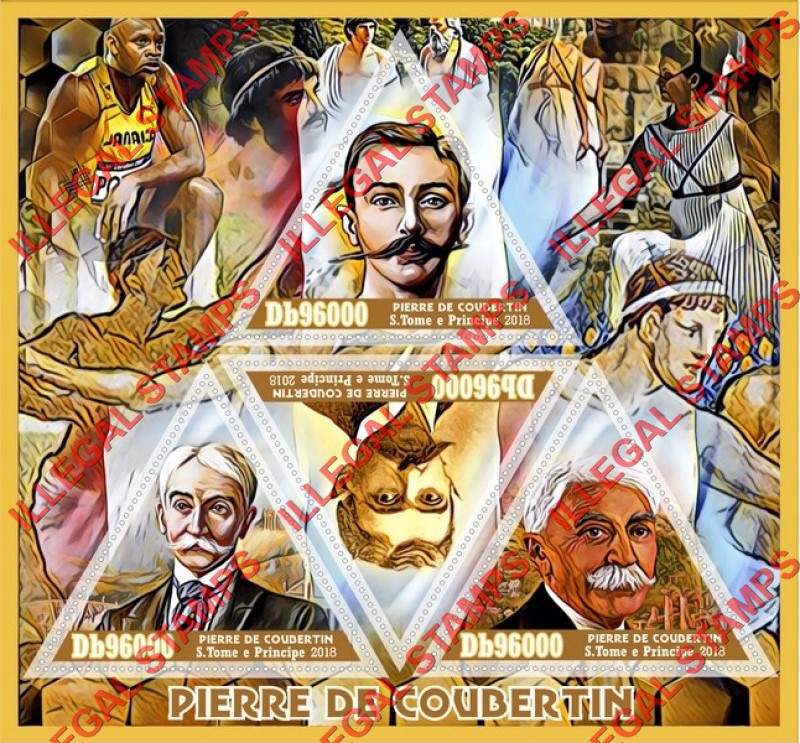 Saint Thomas and Prince Islands 2018 Pierre de Coubertin (different) Illegal Stamp Souvenir Sheet of 4