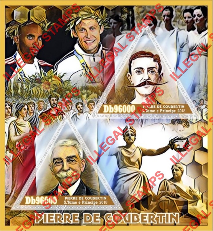 Saint Thomas and Prince Islands 2018 Pierre de Coubertin (different) Illegal Stamp Souvenir Sheet of 2