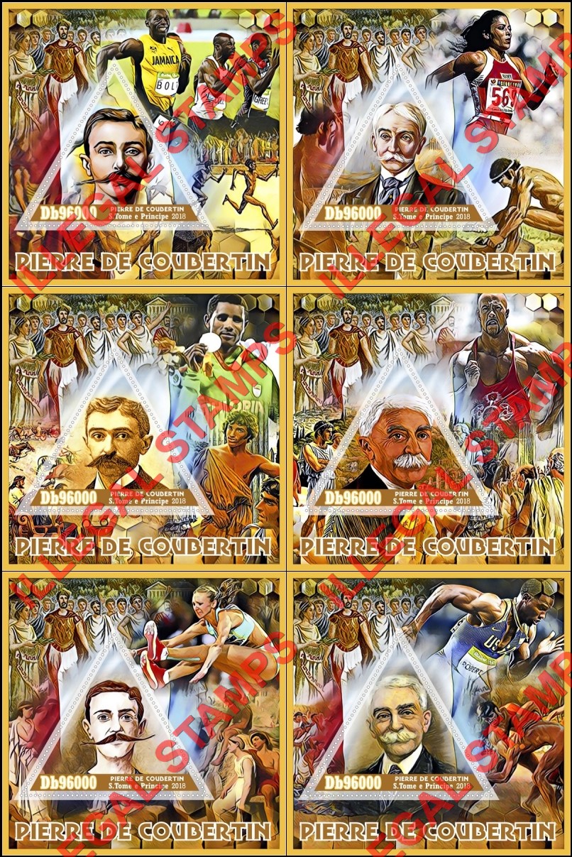 Saint Thomas and Prince Islands 2018 Pierre de Coubertin (different) Illegal Stamp Souvenir Sheets of 1
