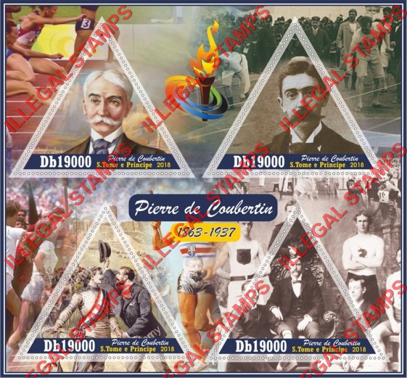 Saint Thomas and Prince Islands 2018 Pierre de Coubertin Illegal Stamp Souvenir Sheet of 4