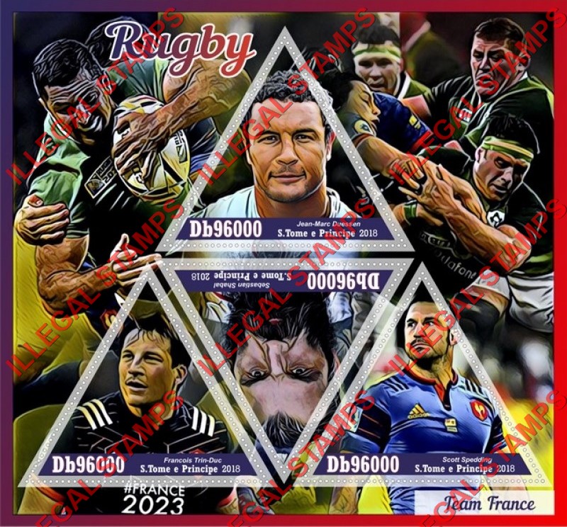 Saint Thomas and Prince Islands 2018 Rugby Players Team France Illegal Stamp Souvenir Sheet of 4