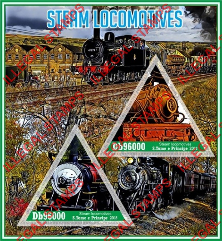 Saint Thomas and Prince Islands 2018 Steam Locomotives Illegal Stamp Souvenir Sheet of 2