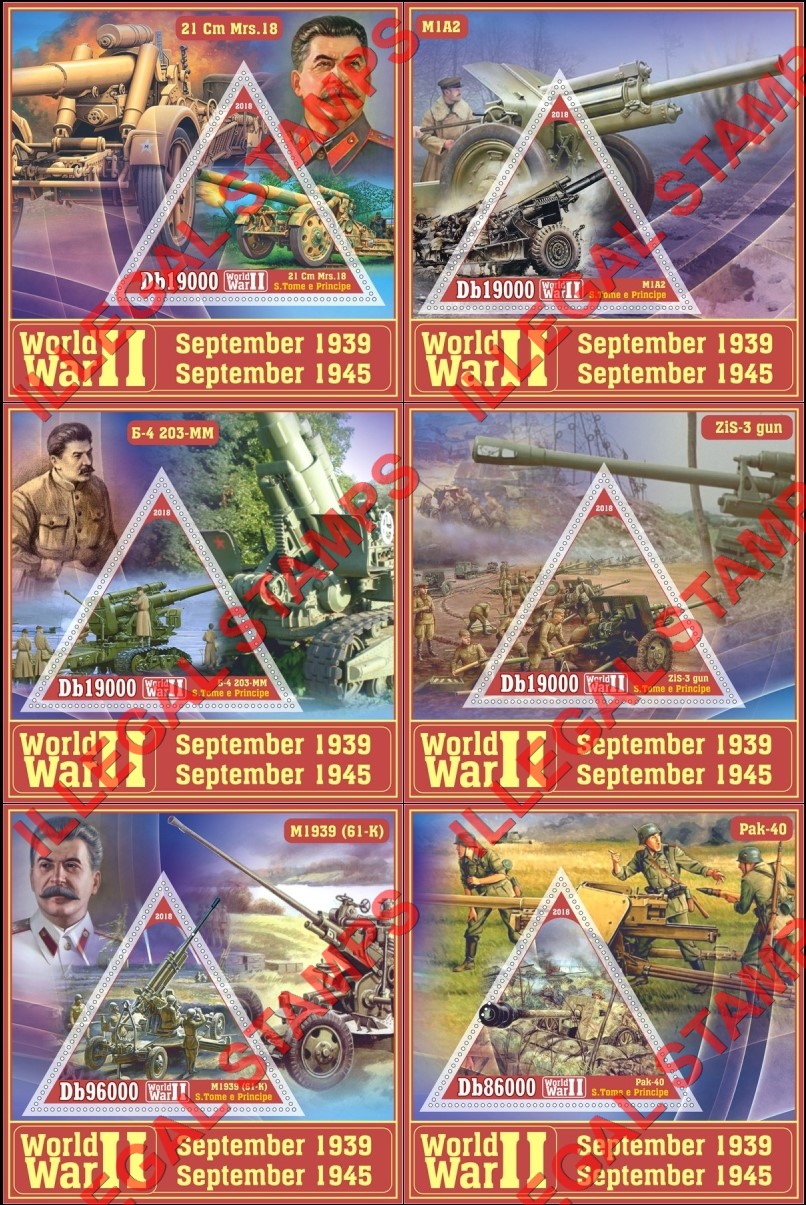 Saint Thomas and Prince Islands 2018 World War II Artillery Illegal Stamp Souvenir Sheets of 1