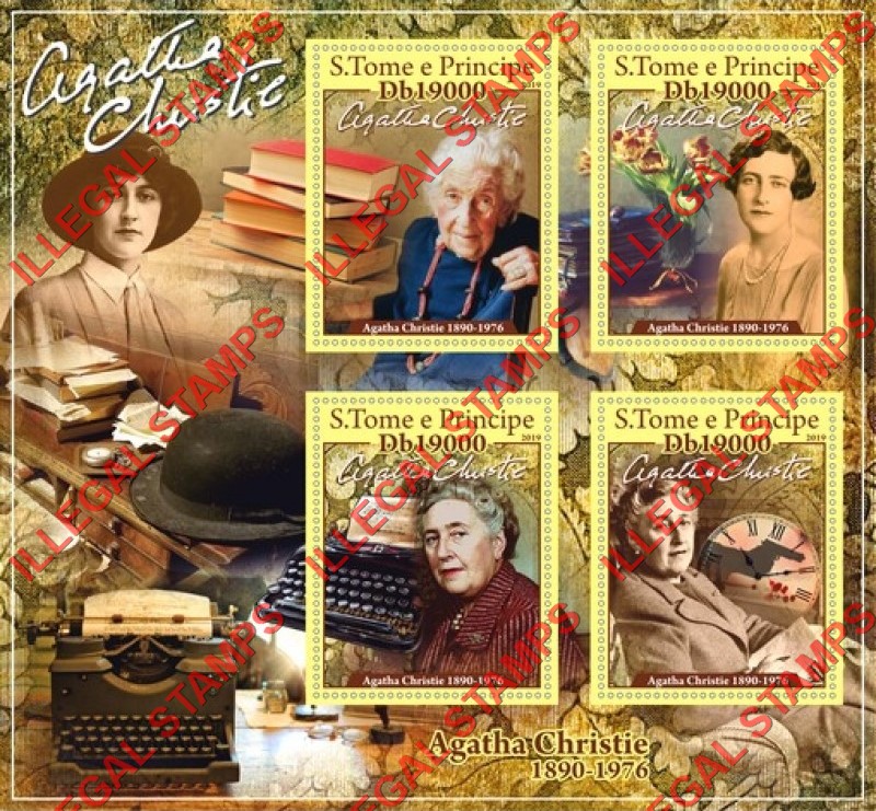 Saint Thomas and Prince Islands 2019 Agatha Christie Writer Illegal Stamp Souvenir Sheet of 4