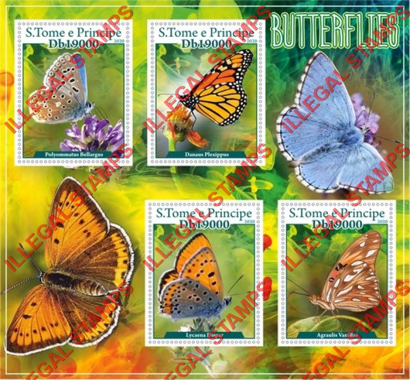 Saint Thomas and Prince Islands 2020 Butterflies (different) Illegal Stamp Souvenir Sheet of 4