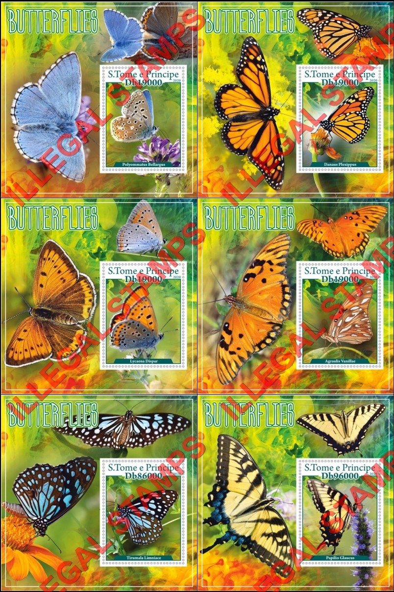 Saint Thomas and Prince Islands 2020 Butterflies (different) Illegal Stamp Souvenir Sheets of 1