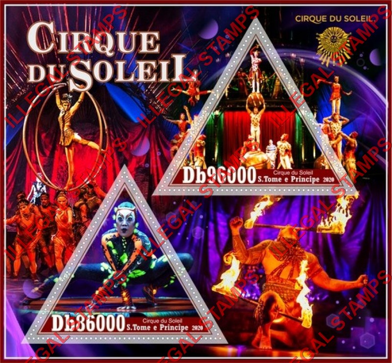 Saint Thomas and Prince Islands 2020 Circus Cirque du Soleil Illegal Stamp Souvenir Sheet of 2