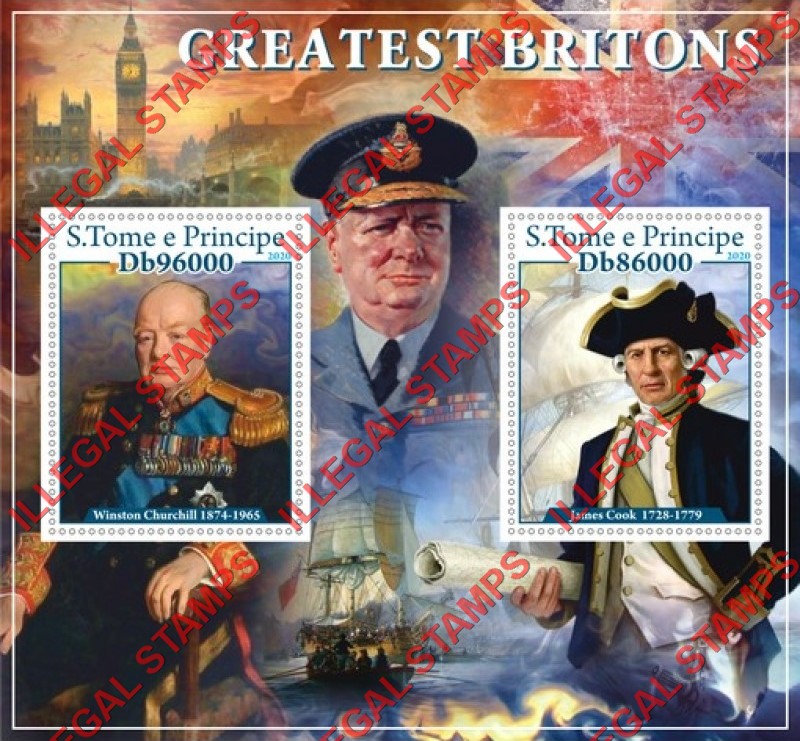Saint Thomas and Prince Islands 2020 Greatest Britons Illegal Stamp Souvenir Sheet of 2